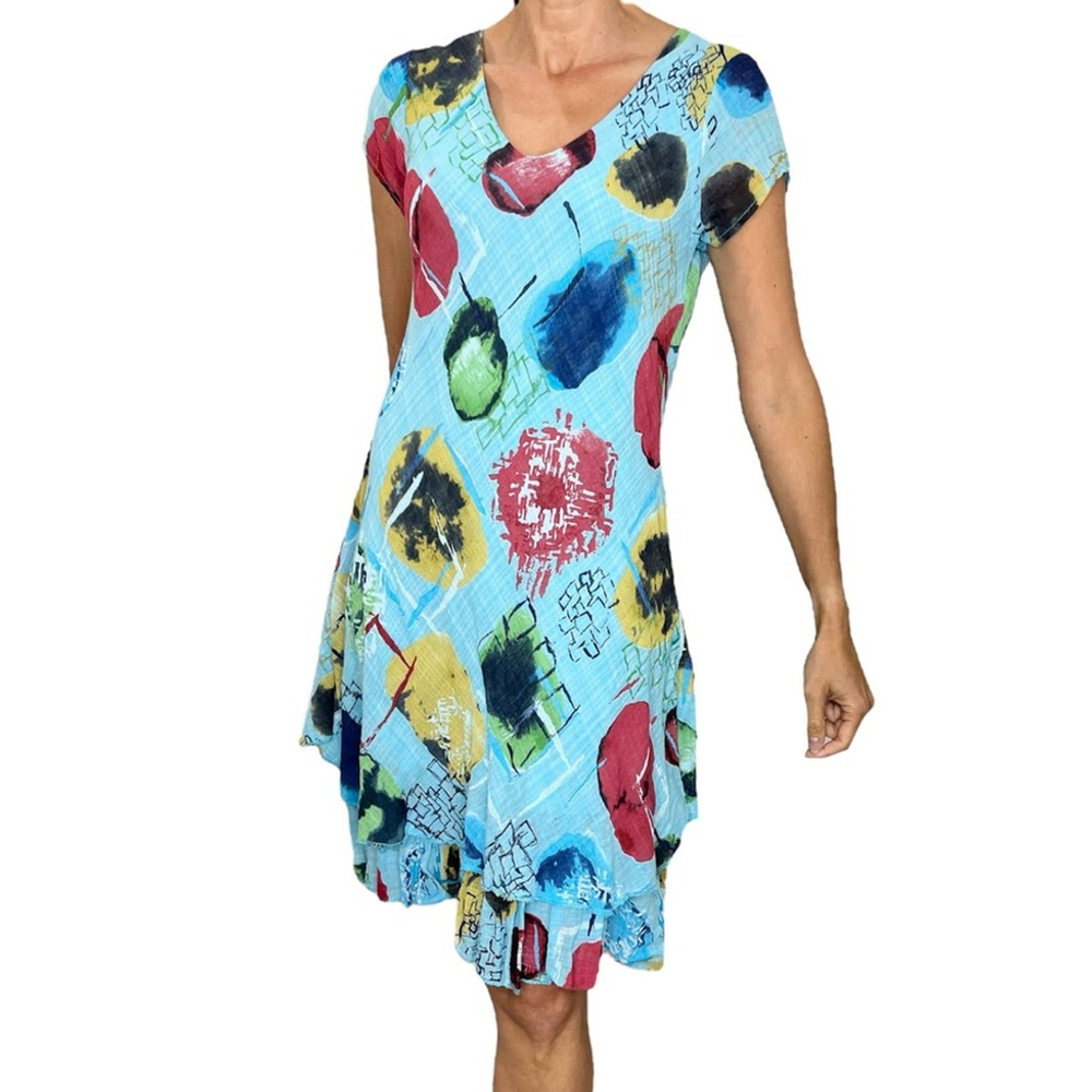 Frocella Italy aquamarine blue fruit print cotton knee length summer dress OS